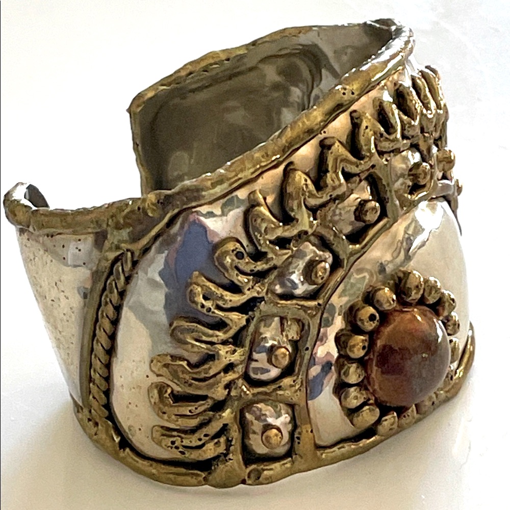 Artistic Mixed Metal Wide Handmade Cuff Bracelet Modernist Brutalist Design